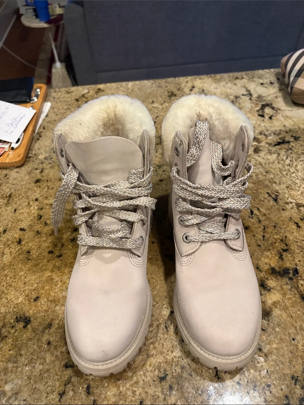 Timberland Women's Beige Lace-Up Winter Boots with Faux Fur Collar